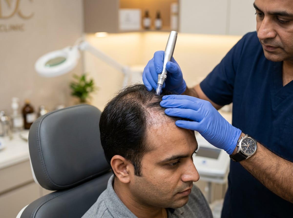 Indian male patient with early hair thinning receiving scalp treatment from Indian doctor, close-up of scalp and hands, clinical setting, natural realistic hair density, soft lighting, professional environment, premium dermatology clinic look, ultra realistic, no text