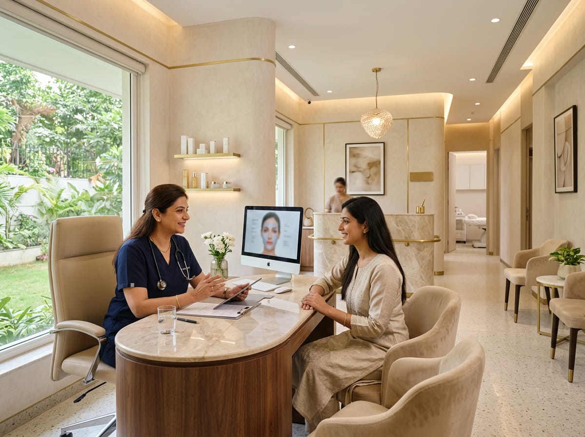 Premium aesthetic clinic interior with Indian doctor consulting Indian patient, modern minimal design, beige and gold accents, clean reception and treatment space, calm and professional atmosphere, natural interaction, soft lighting, ultra realistic, no text