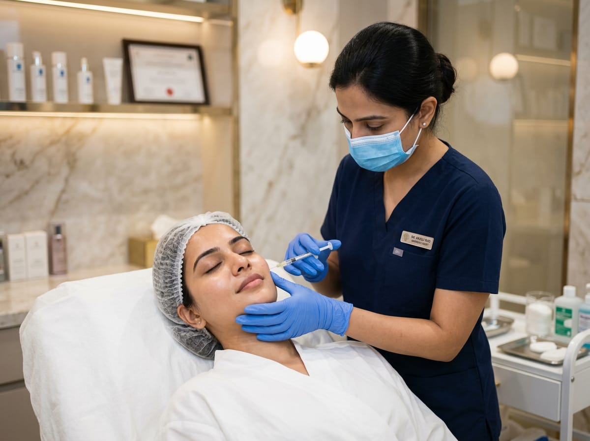 Professional Indian female dermatologist performing aesthetic facial treatment (injection or skin booster) on Indian female patient, patient relaxed with eyes closed, doctor wearing gloves, clean clinical environment, soft warm lighting, luxury aesthetic clinic, focus on precision and care, no exaggerated expressions, ultra realistic, no text