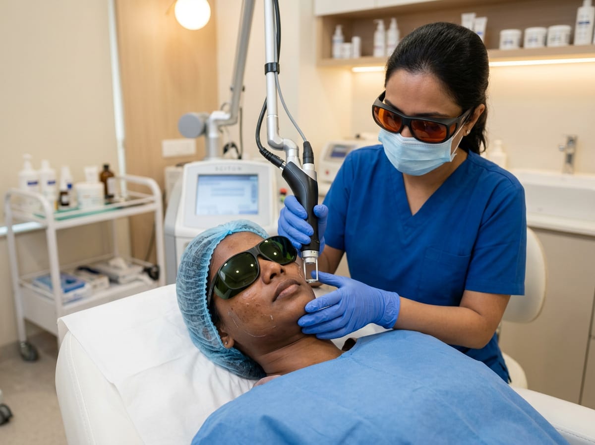 Indian female patient receiving laser skin treatment on face, doctor holding laser device near cheek, protective eyewear, clean clinical setup, soft warm lighting, focus on precision and safety, modern dermatology clinic, ultra realistic, no text
